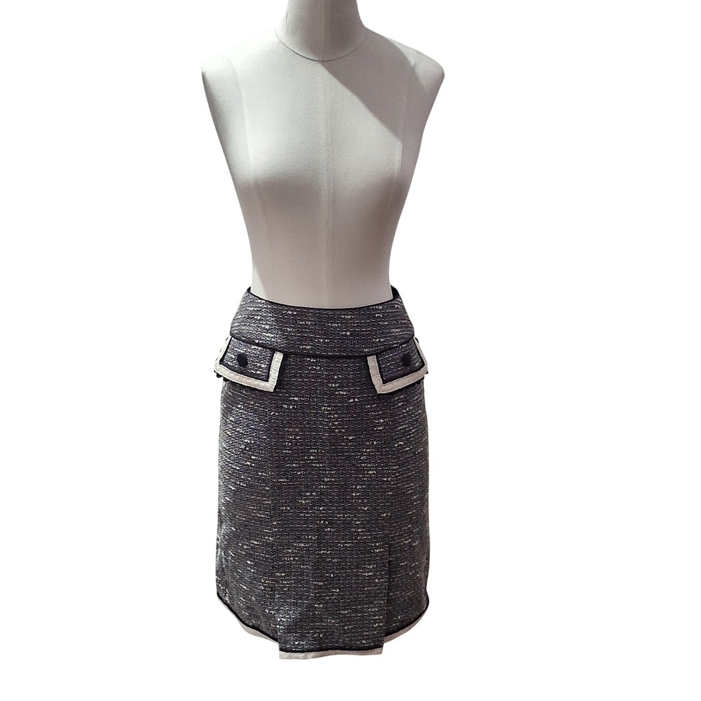 Nanette Lepore Pencil Skirt Women 0/2 Black Tweed Faux Pockets Pleated Back USA